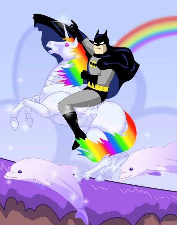 Cartoon of Batman Riding a Unicorn