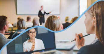 Split images; top image - people sitting in an in-person training class. Bottom image - woman taking notes while taking an online course.