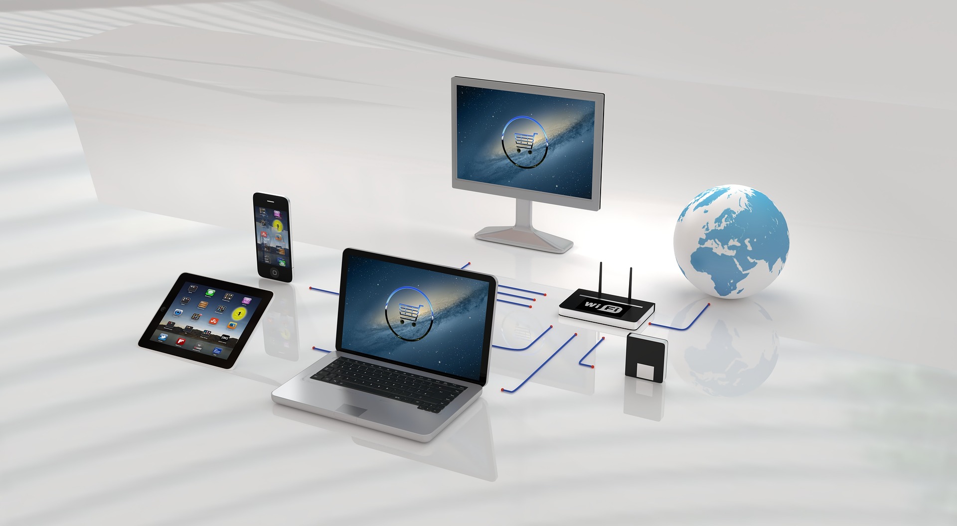 A digital illustration showing various interconnected devices, including a laptop, tablet, smartphone, desktop monitor, and a Wi-Fi router. The devices are connected with blue lines, symbolizing network communication. A globe in the background represents global connectivity. Some screens display a shopping cart icon, suggesting e-commerce or online transactions. The scene depicts the concept of interconnectedness in the digital world, likely related to online services or communication technology.