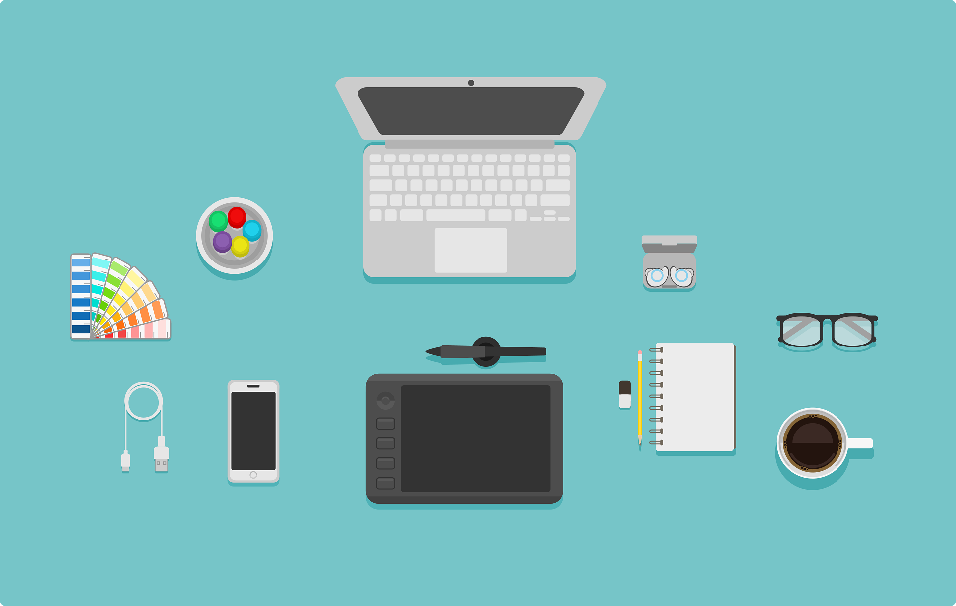 A flat lay illustration of a graphic designer's workspace, featuring a laptop, drawing tablet with stylus, smartphone, color palette, USB cable, contact lens case, notebook with pencil and eraser, glasses, and a cup of coffee. The objects are arranged neatly on a light teal background, representing essential tools for design work.