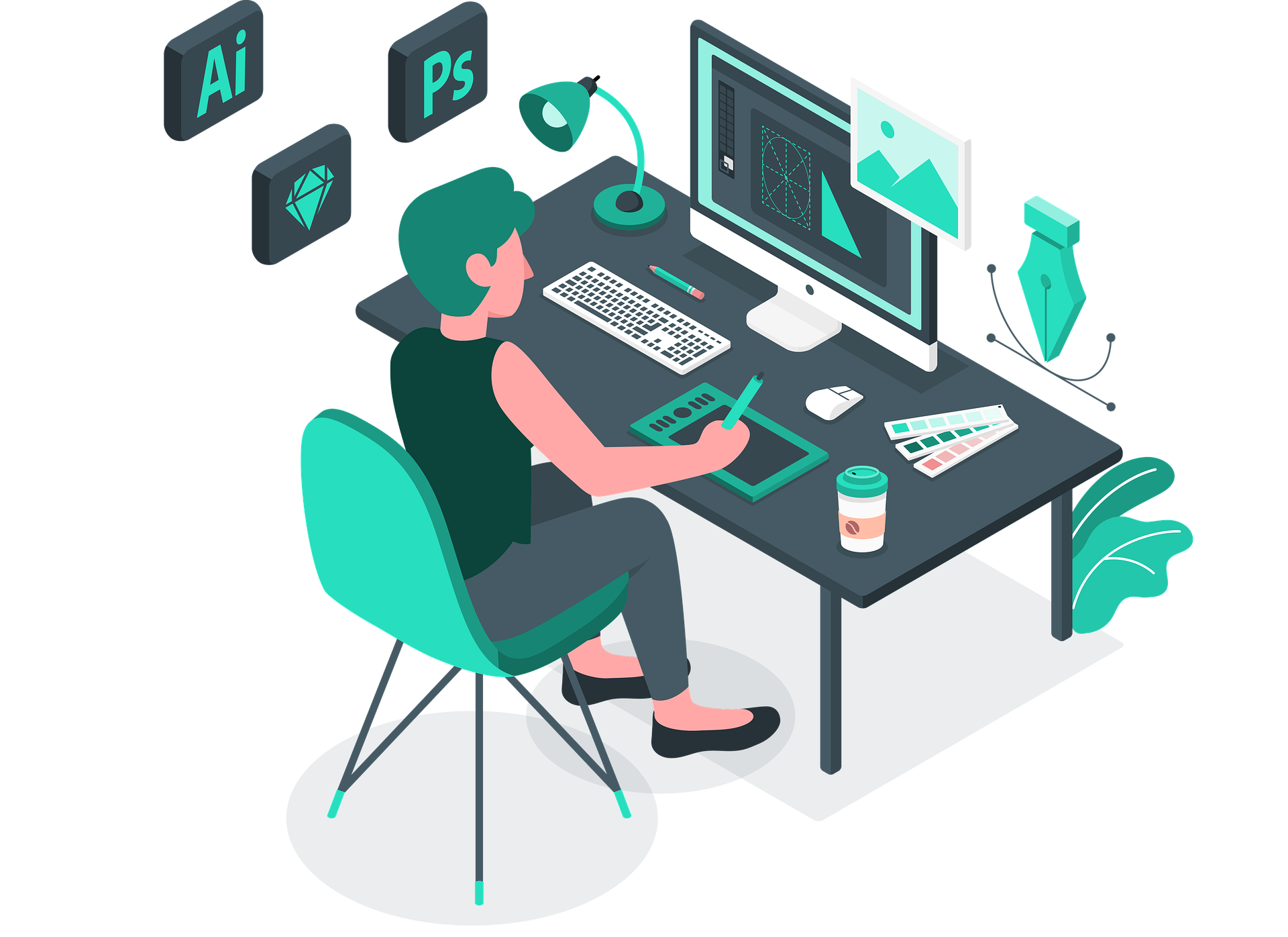 Alt text: "An illustration of a digital designer working at a desk. The designer is seated in front of a desktop computer, using a digital drawing tablet. The workspace includes design software icons (AI, PS, and Sketch), a keyboard, a mouse, a coffee cup, and color swatches. The computer screen shows a design in progress, featuring image editing tools. The setting is modern and minimalistic, with muted teal and green tones."