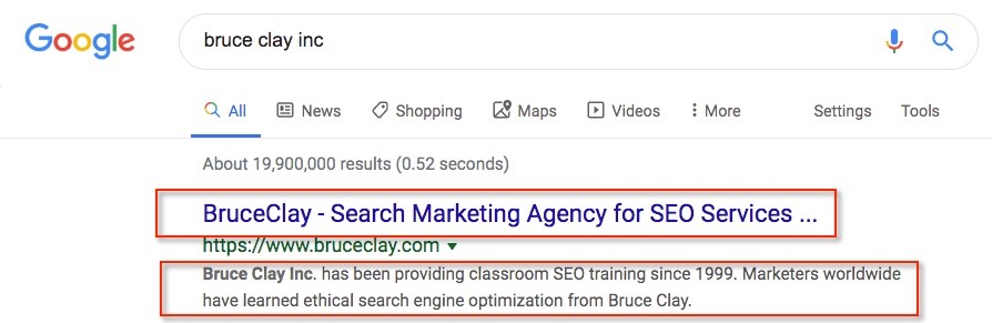 Screenshot of the search results for www.bruceclay.com.