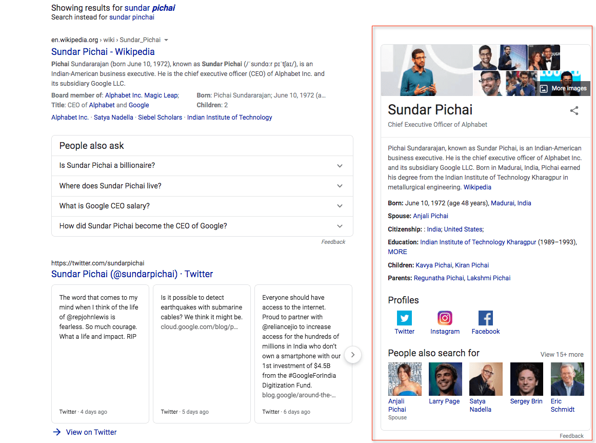 Google knowledge panel for Sundar Pichai search.