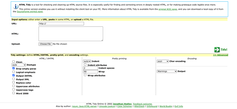 Screenshot of HTML Tidy tool.