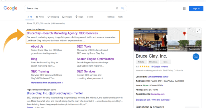 Title and description rendering in the search results for BruceClay.com home page.