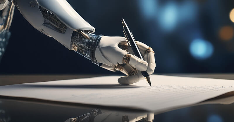 AI robot hand writing content on paper.