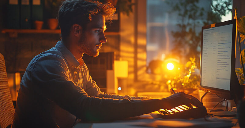 Professional sitting at desk writing content on a computer.