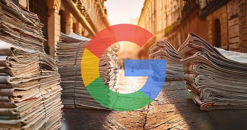 stacks of newspapers lay in a city street. Google logo appears in center of the image.