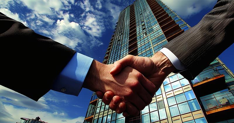 Professionals shaking hands in front of a towering office building.